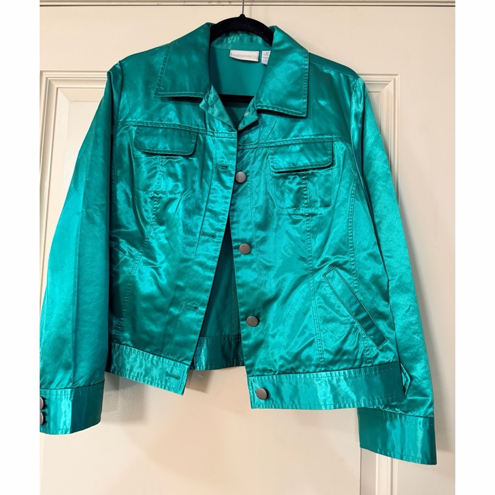 Chico's Shiny Teal Satin Button-Front Jacket